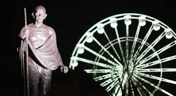 An Indian artist uses typewriter to create Mahatma Gandhi portrait